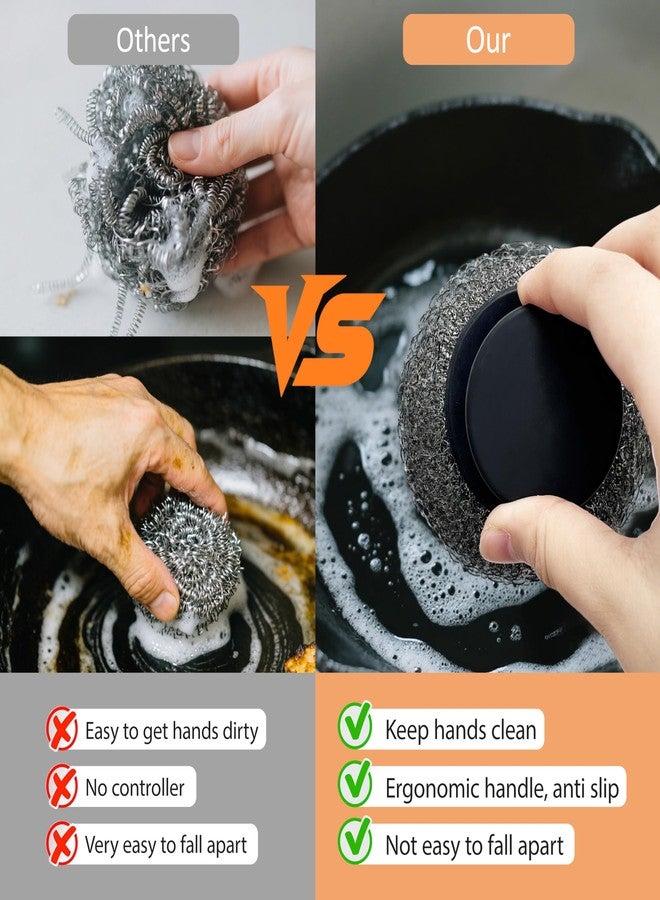 Frayot Stainless Steel Wool Scrubber with Rubber Handle & 2 Pads for Cleaning Dishes, Kitchen Pots, Pans, Grills (Black) - Image 4